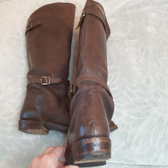 Worn in Frye Dorado Brown Leather Tall Riding Boots with Buckle Details - Picture 8 of 16